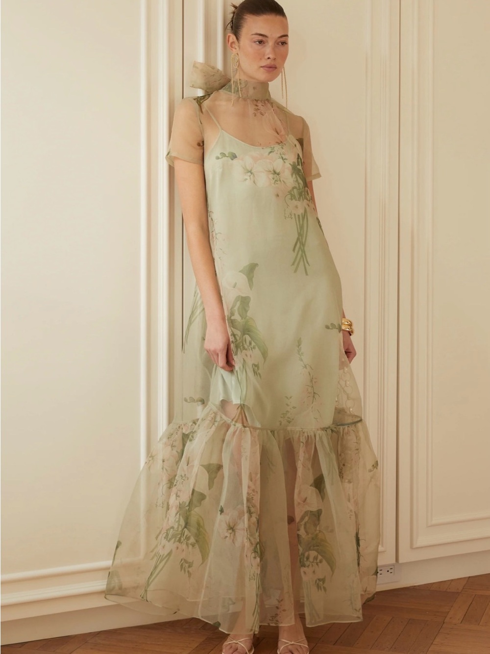 Sage Floral Sheer Maxi Dress with Ruffle Hem